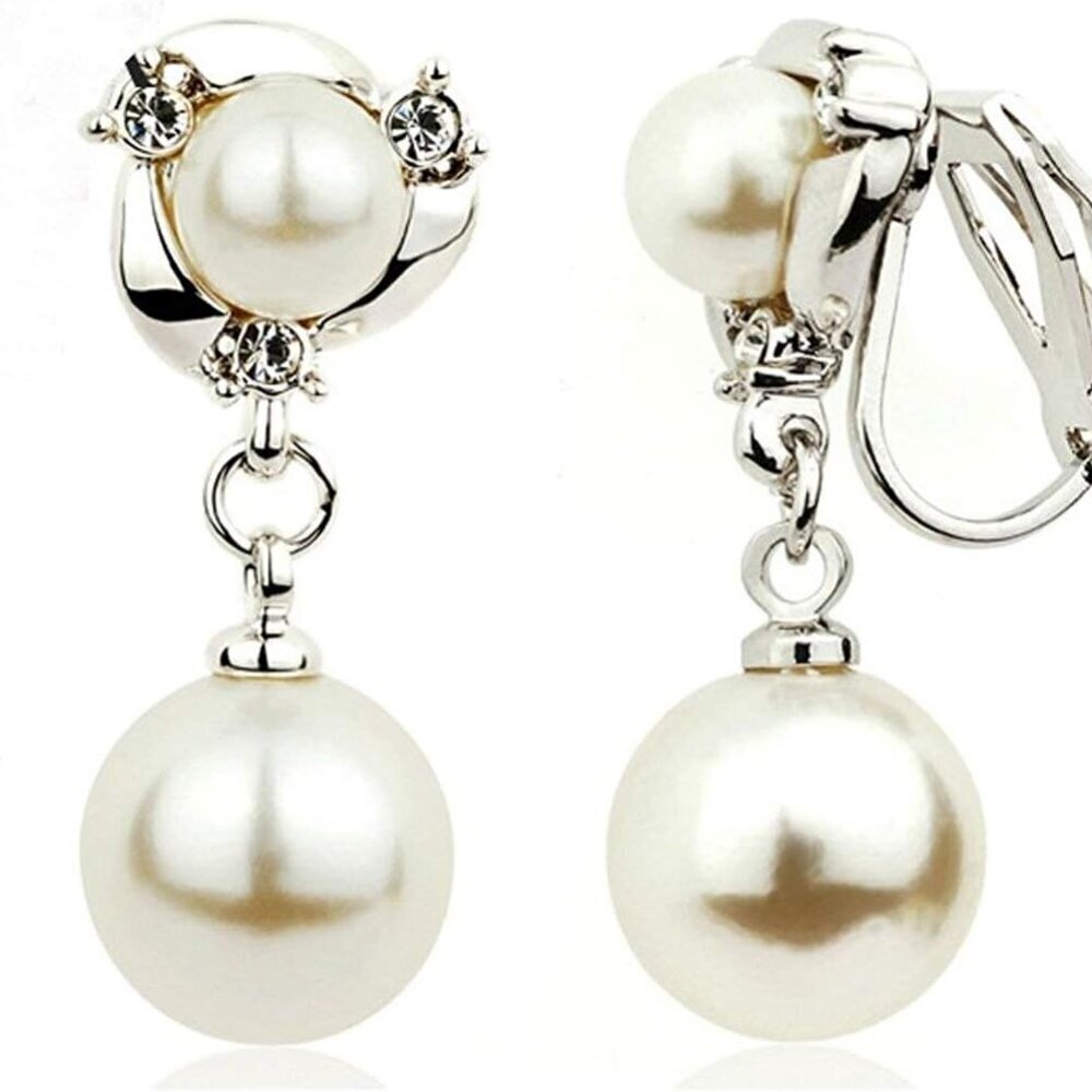 Pearl Clip On Earrings Non Pierced Silver Gold Plated Elegant Jewelry